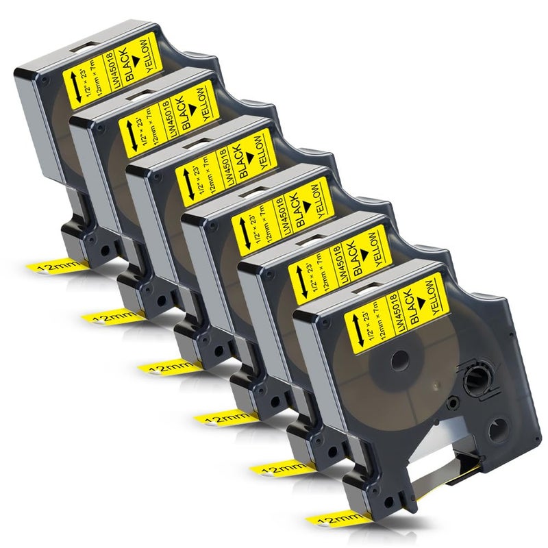 Labelwell 6-Pack Replacement For Dymo D1 Label Tape 1/2 Inch Black On Yellow Compatible With Dymo Label Maker Refills 45018 S0720580 Use With Labelmanager 160 280 210D 360D 420P 450D 450P 450Duo - Image 1